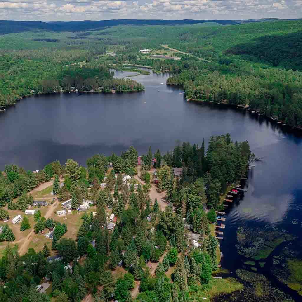 drone view of Harmony Resorts South Algonquin and Benior Lake.